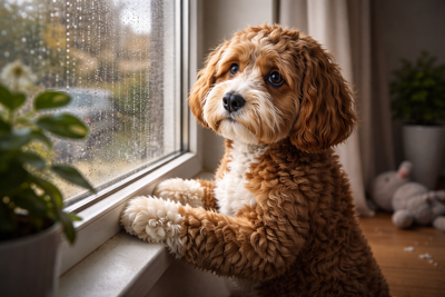 Pies z lękiem separacyjnym patrzący przez okno
