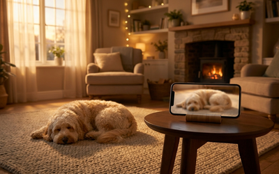 A pet parent checks on a phone app to see how their dog is doing home alone
