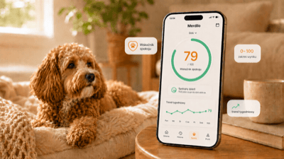 Cockapoo leży spokojnie na puchatym legowisku w ciepło oświetlonym salonie, obok niego smartfon z otwartą aplikacją Merdilo pokazującą Wskaźnik spokoju 79/100 i trend tygodniowy