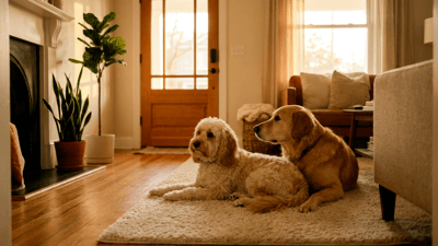 Two dogs lying side by side on a rug in a warm living room, one looking toward the door