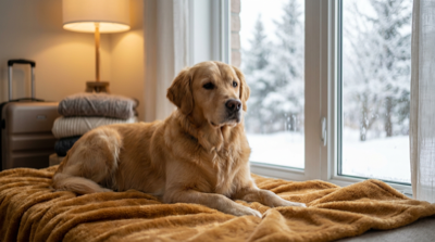 Golden retriever leżący przy oknie z zimowym widokiem