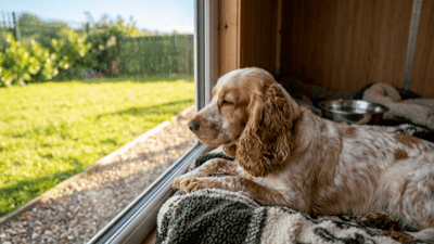 Cocker spaniel odpoczywa na miękkim legowisku przy oknie pensjonatu, za szybą słoneczny trawiasty wybieg