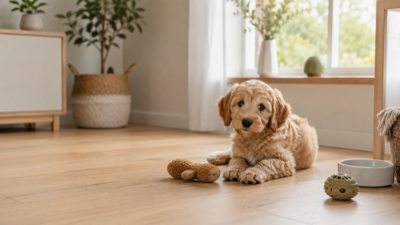 Beżowy kędzierzawy szczeniak (typu maltipoo) leży spokojnie na drewnianej podłodze w jasnym pokoju, obok pluszowa zabawka, piłka z otworami, miska z wodą i wiklinowy kosz, naturalne światło wpada przez okno