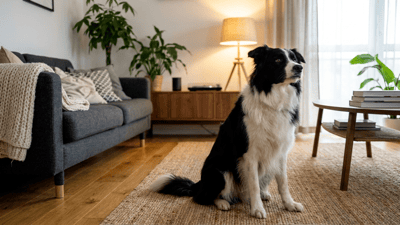 Czarno-biały border collie siedzi uważnie na podłodze w ciepłym, przytulnym salonie i patrzy w górę