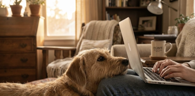 Pies leżący obok opiekuna pracującego na laptopie w domu podczas pandemii