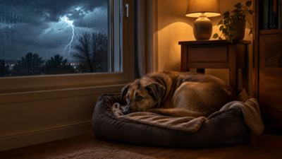 Pies zwinięty w legowisku przy oknie podczas nocnej burzy, za szybą błyskawica i deszcz, w pokoju ciepłe światło lampki nocnej