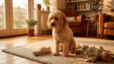 A dog next to a chewed-up shoe and a scattered mess in the living room
