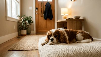 A Cavalier King Charles Spaniel lying relaxed with its chin on its paws on a soft bed in a warm hallway, a front door and a jacket on a hook in the background