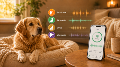 Spokojny golden retriever leży na pikowanym legowisku w ciepło oświetlonym salonie, obok telefon z aplikacją Merdilo pokazującą Wskaźnik spokoju 78 i 4 typy rozpoznawanych dźwięków psa: szczekanie, skomlenie, wycie, warczenie