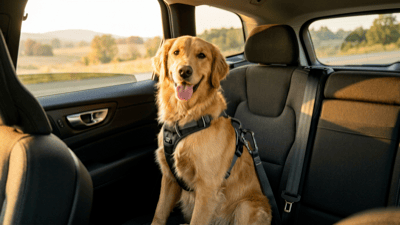 Golden retriever w szelkach wpiętych w pas bezpieczeństwa siedzi na tylnym siedzeniu auta, za oknem letni krajobraz
