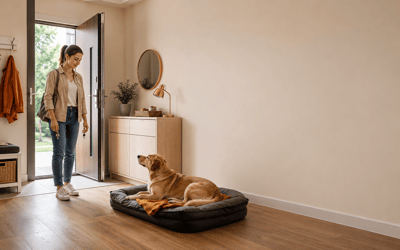 Opiekunka wychodzi z mieszkania z kluczami w ręku, golden retriever spokojnie leży na legowisku obserwując ją – przykład spokojnej, ćwiczonej nieobecności w systematycznym odczulaniu