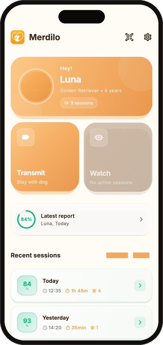 Merdilo app - main dashboard with your dog's profile and recent sessions