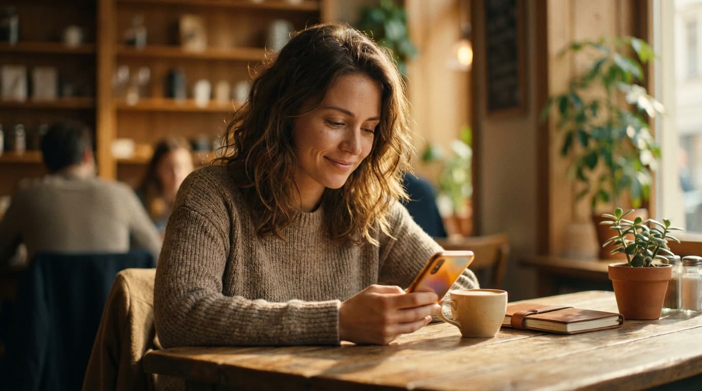 Opiekunka w kawiarni zerka na telefon z Merdilo i uśmiecha się spokojnie