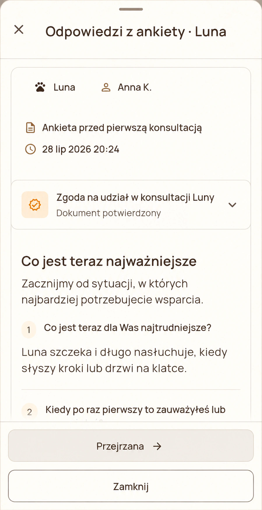 Dialog odpowiedzi z ankiety Luny w Merdilo Pro: Anna opisuje reakcje na dźwięki na klatce.