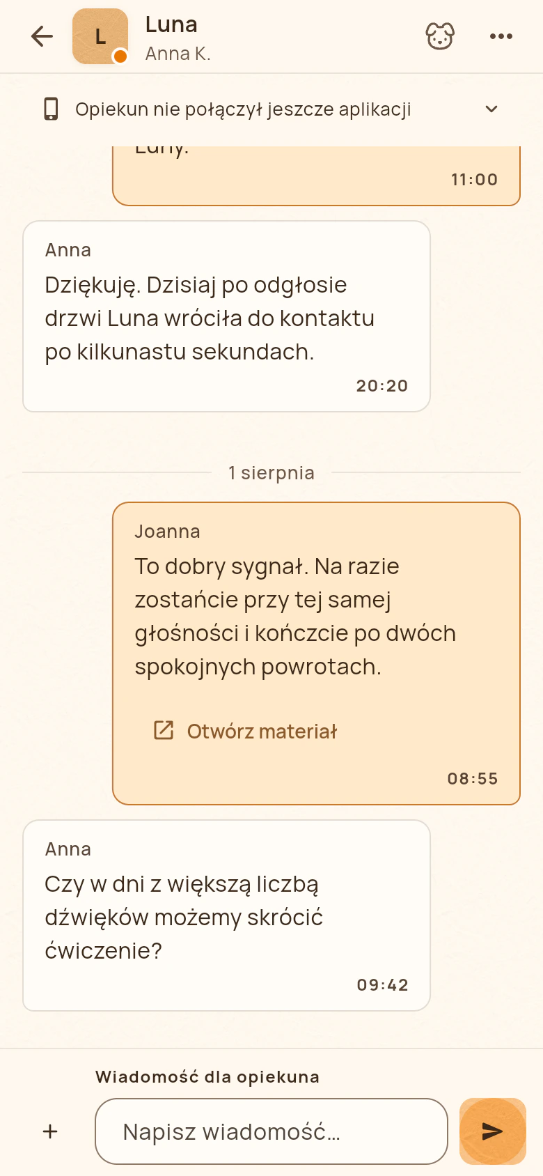 Rozmowa o Lunie w Merdilo Pro z pytaniem Anny o skrócenie ćwiczenia oraz wcześniejszym materiałem.