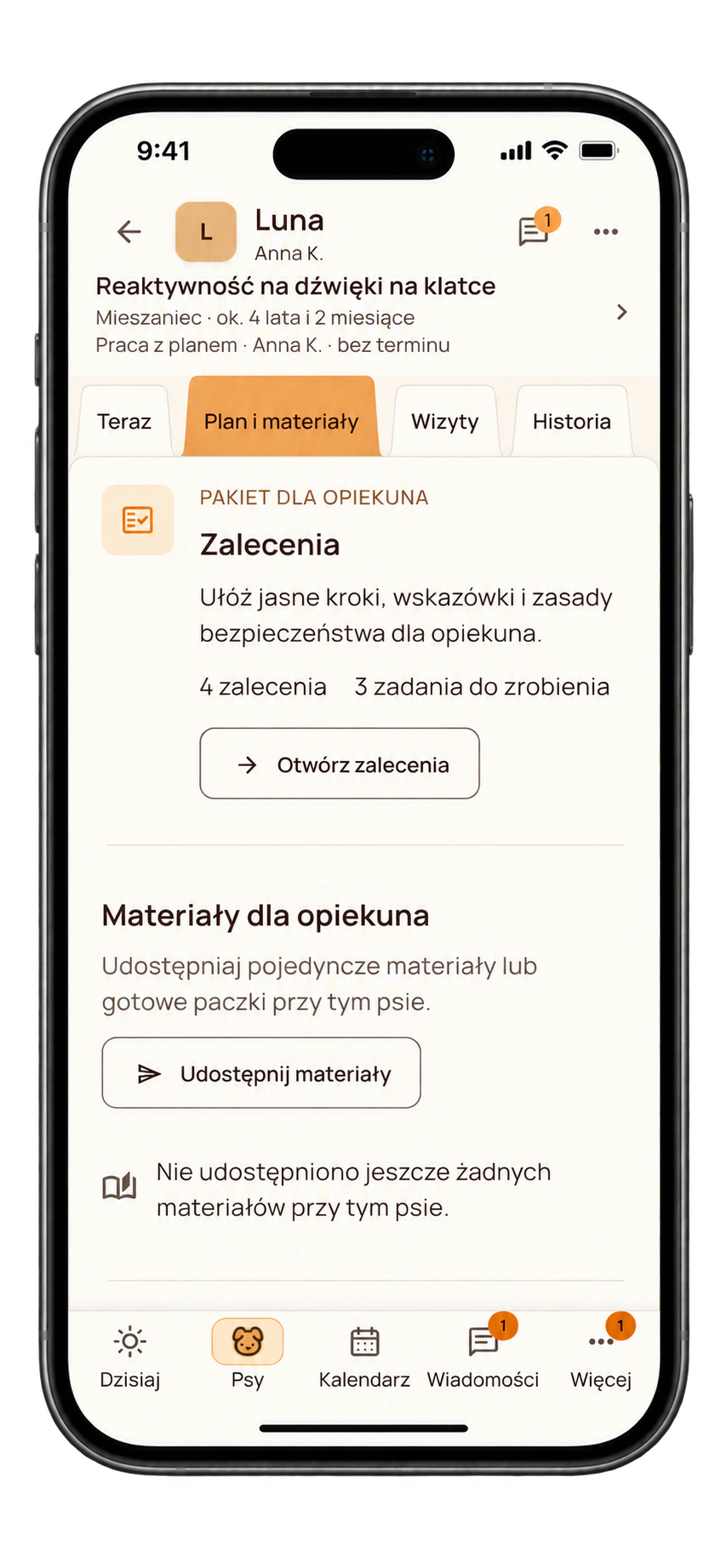 Profil Luny w Merdilo Pro na iPhonie. W zakładce Plan i materiały widać 4 zalecenia i 3 zadania do zrobienia.
