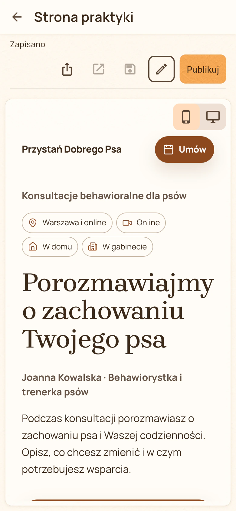 Edytor strony praktyki w Merdilo Pro z ustawieniami i podglądem strony.